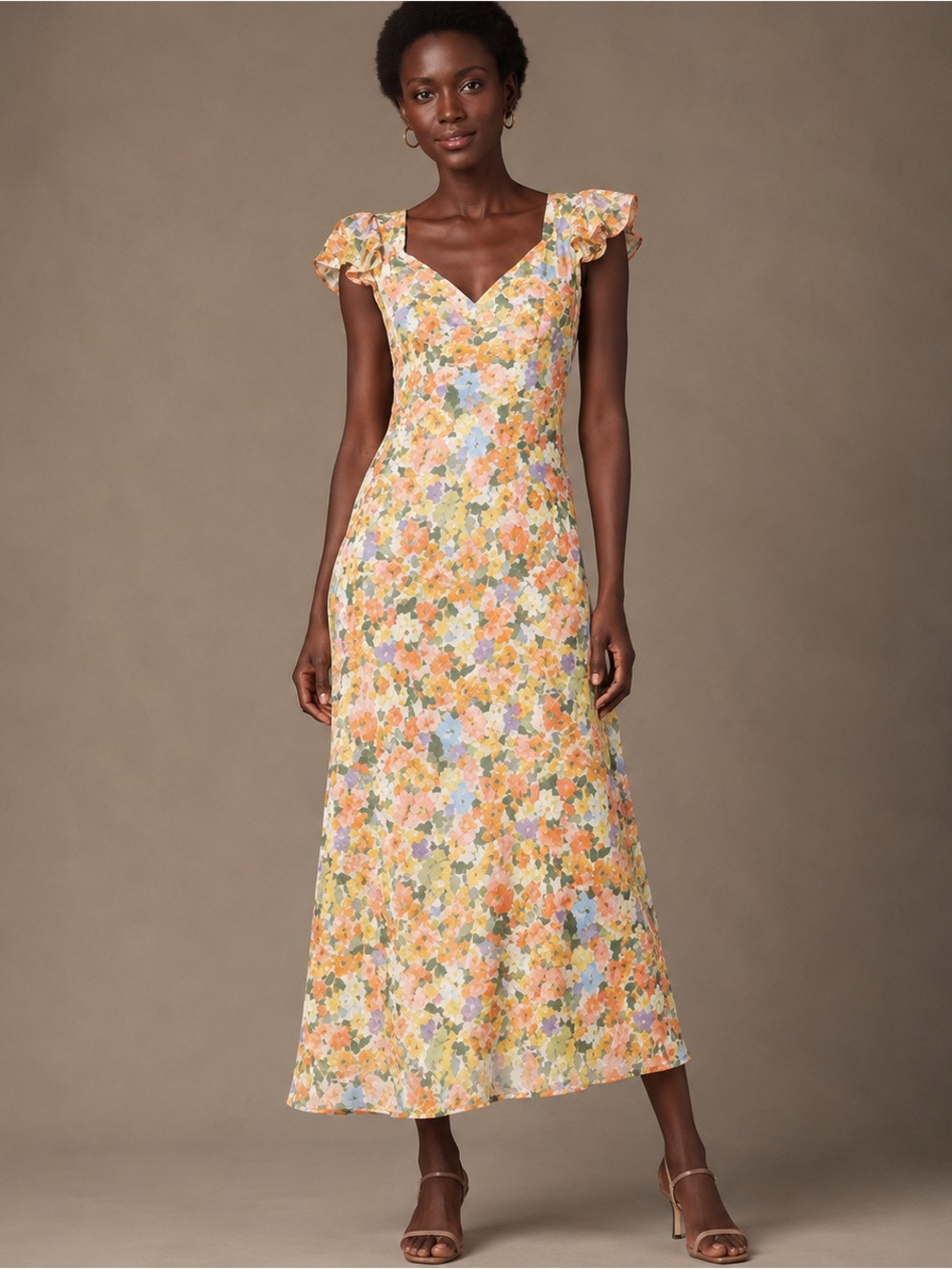 Bloomingdale's Female Aqua Floral
Print Flutter Sleeve Midi Dress